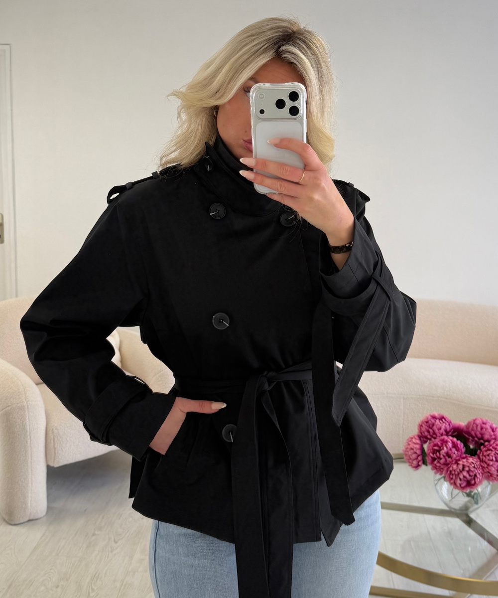 Black fitted trench coat with a stand-up collar