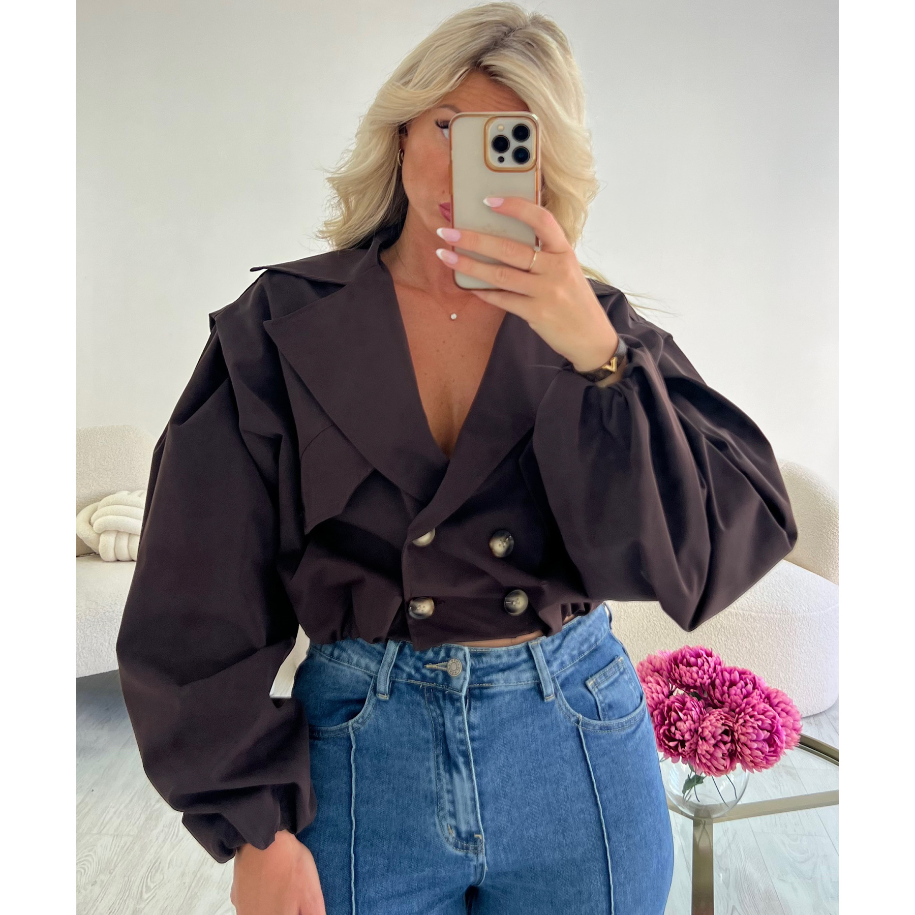 Chocolate trench-style bomber jacket