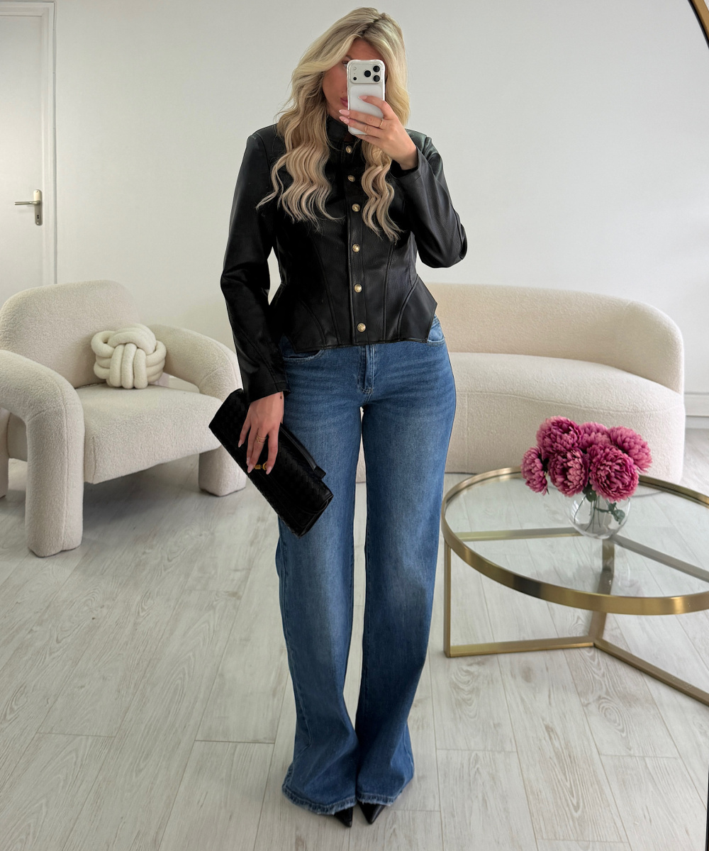 Black faux leather officer-style corset jacket