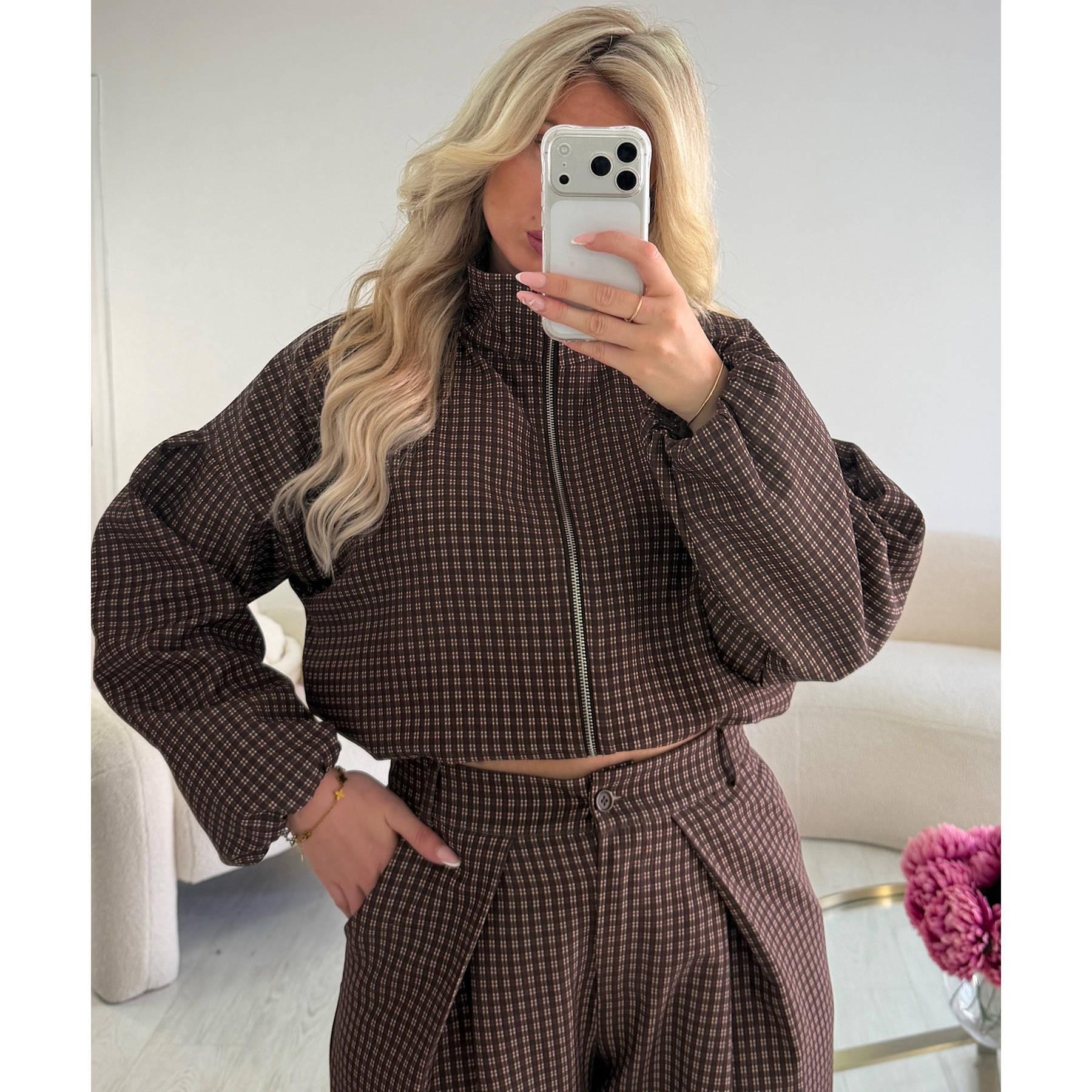Brown checked bomber jackets
