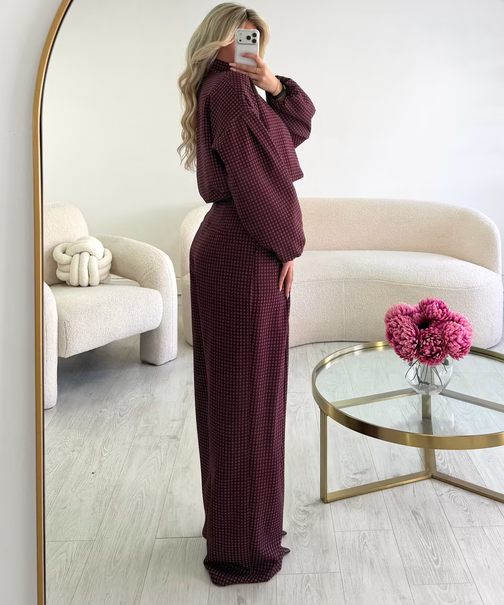 Pantalon barrel extra tall carreaux bordeaux