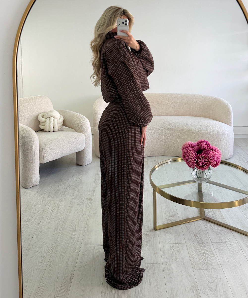Extra-tall brown checked barrel trousers
