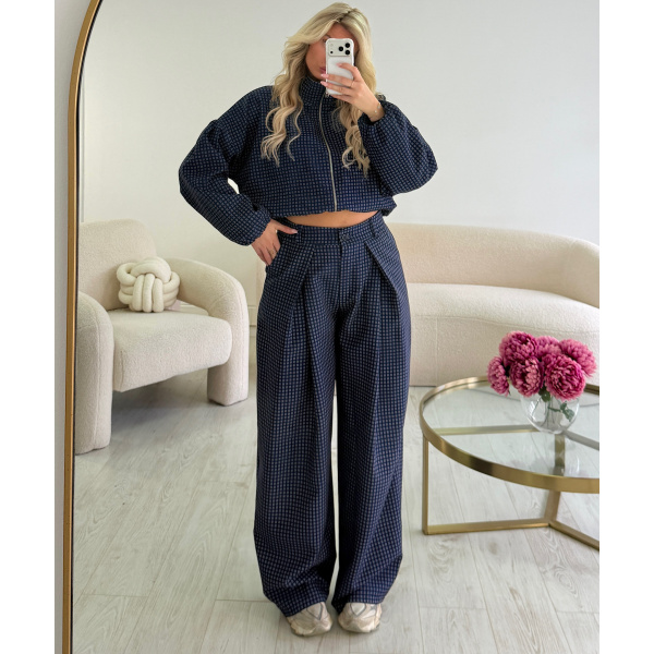 Pantalon barrel standard carreaux bleu marine - DRESS DESIREE