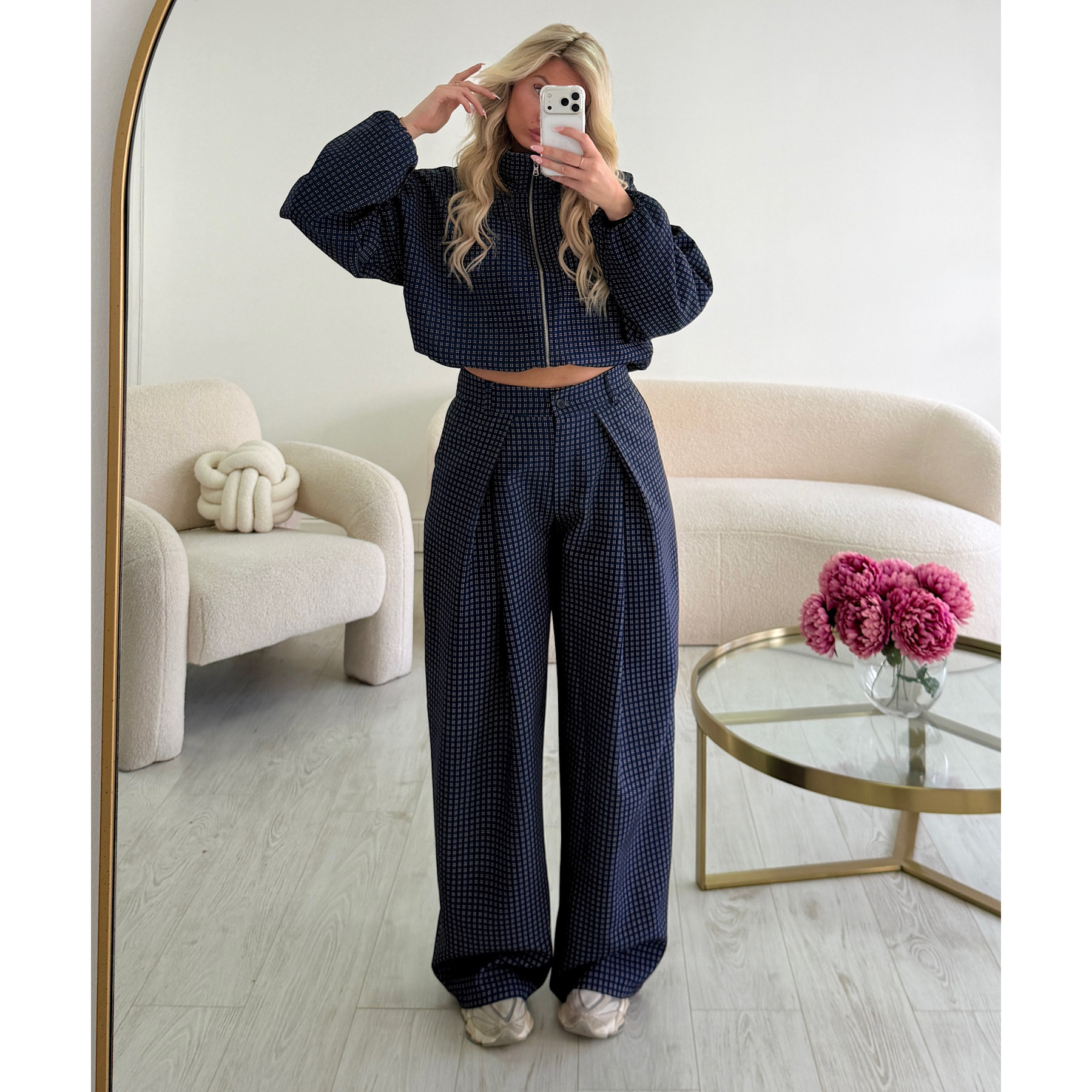 Pantalon barrel standard carreaux bleu marine - DRESS DESIREE