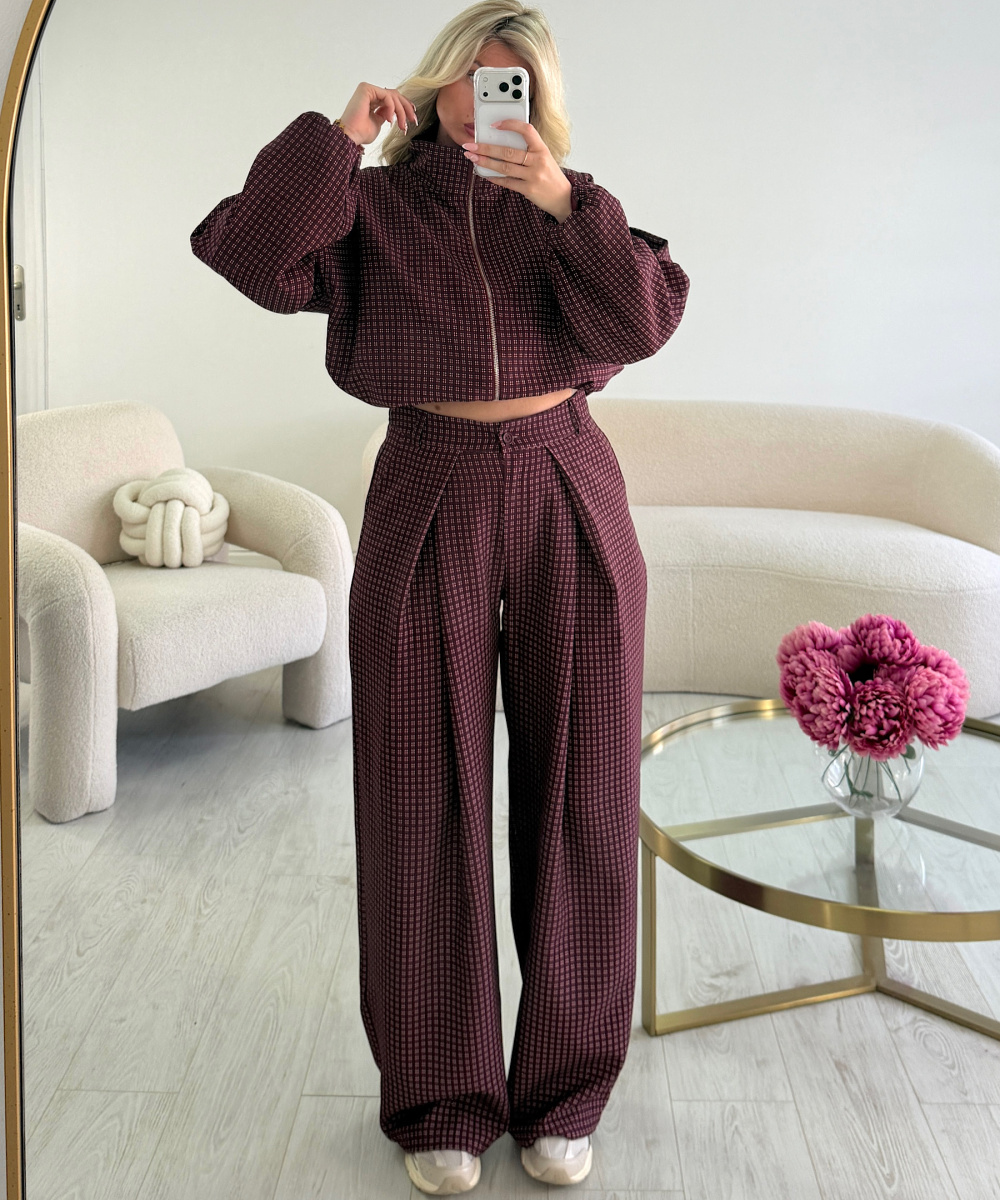 Pantalon barrel standard carreaux bordeaux