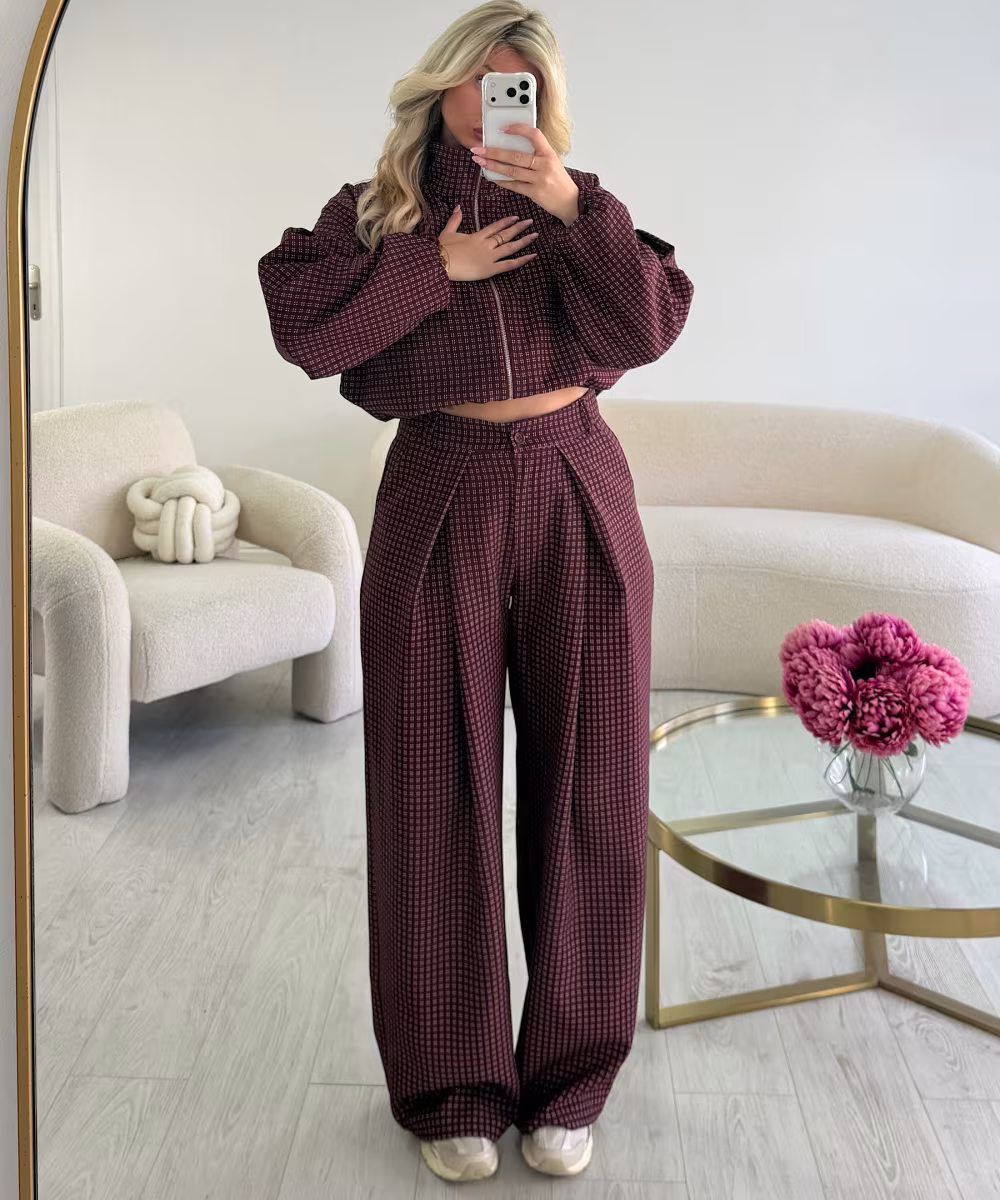 Pantalon barrel standard carreaux bordeaux - DRESS DESIREE