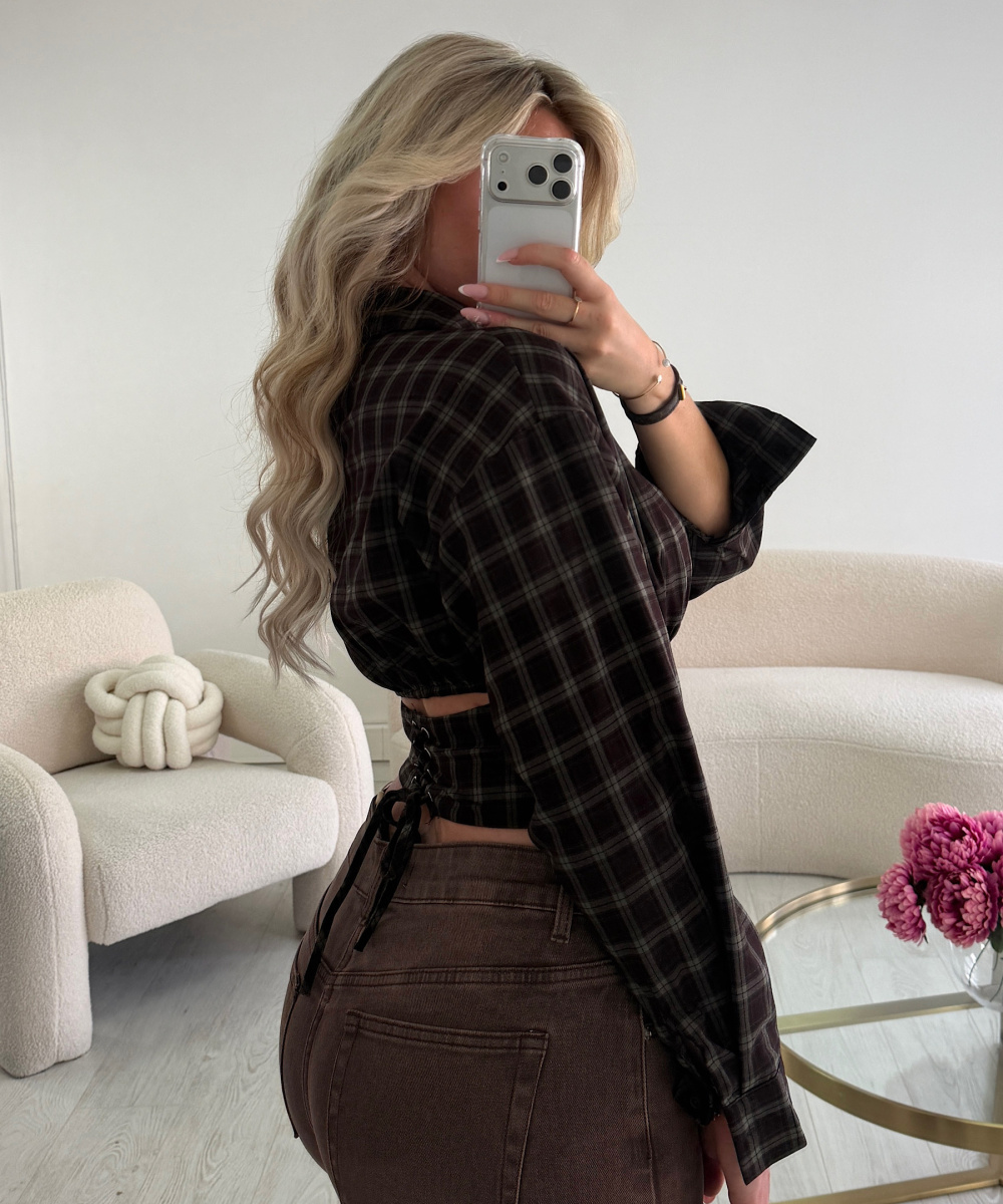 Brown fitted checked shirt with a corset-style waist - DRESS DESIREE