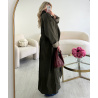 Long khaki trench coat with rolled-up sleeves and checked pattern