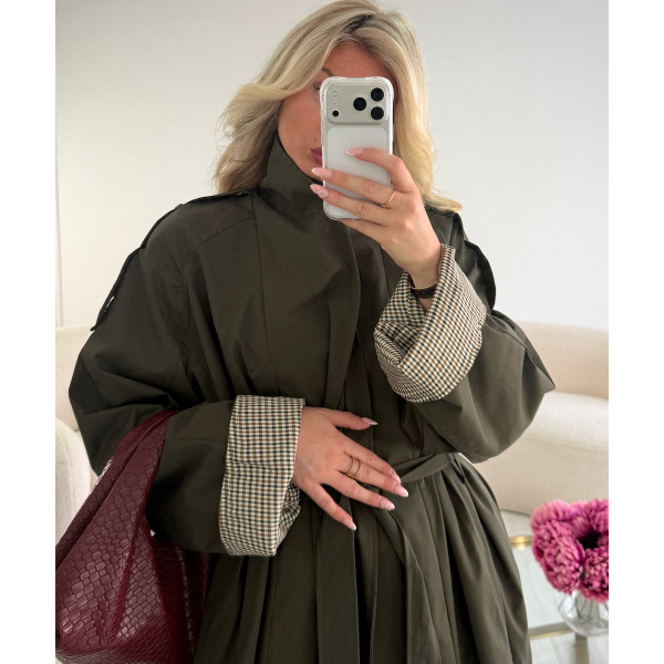 Trench long kaki retroussé carreaux - DRESS DESIREE