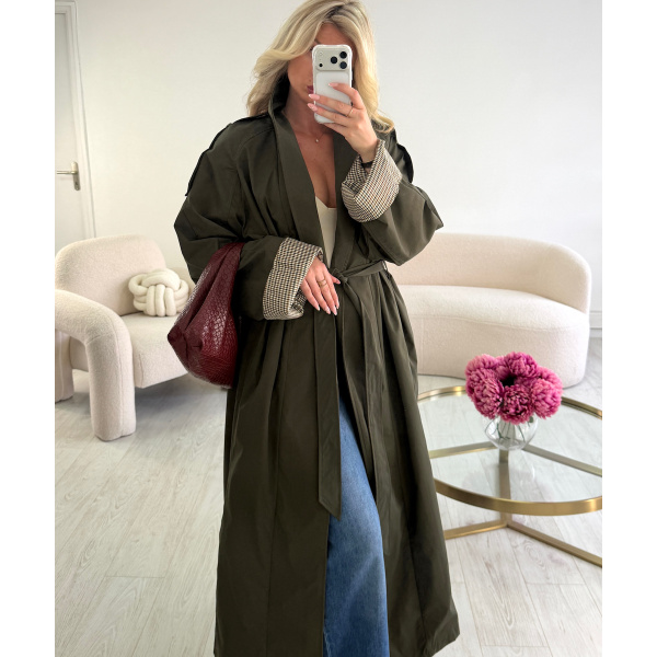Trench long kaki retroussé carreaux - DRESS DESIREE