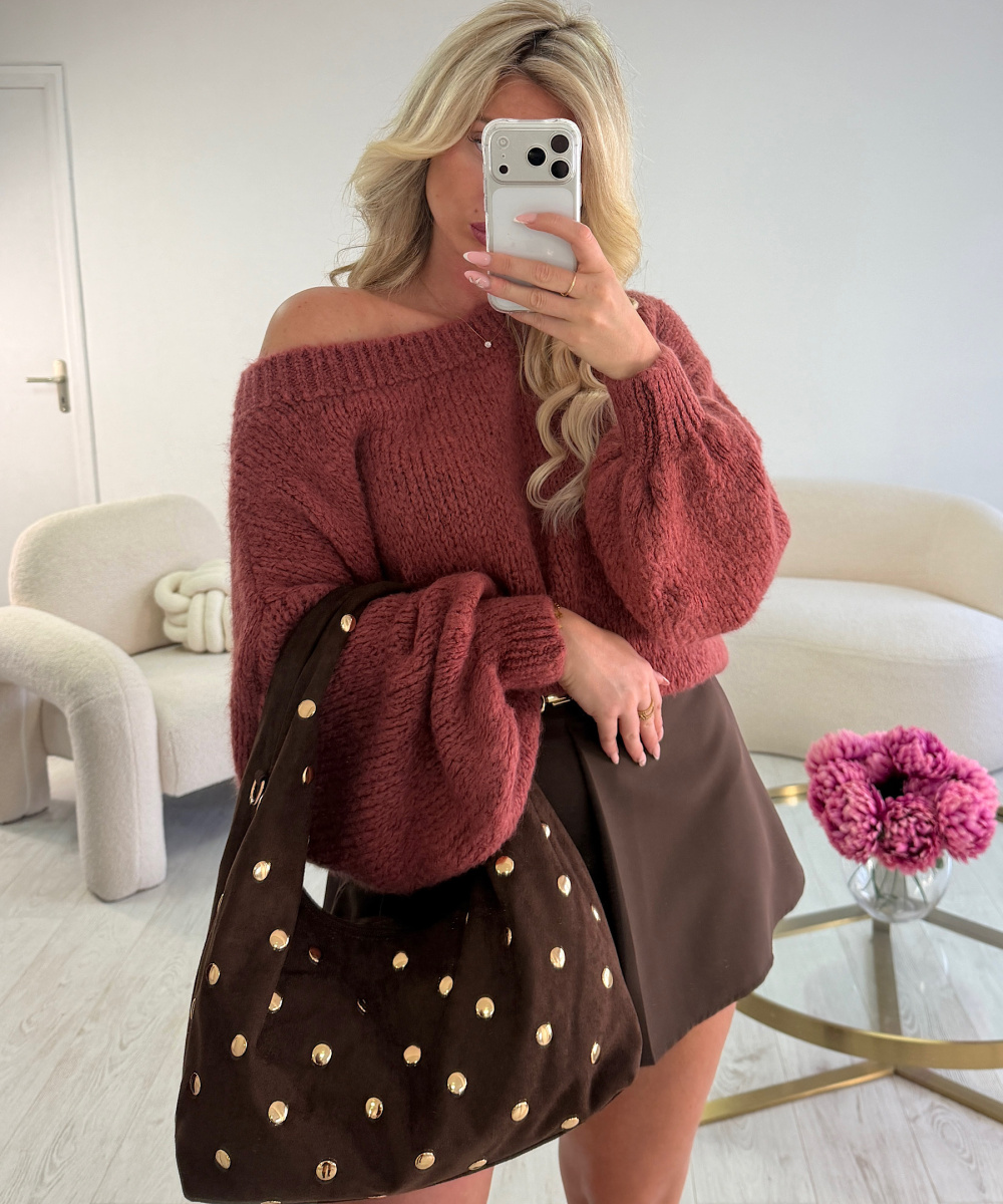 Coffee Suede Studded Bag