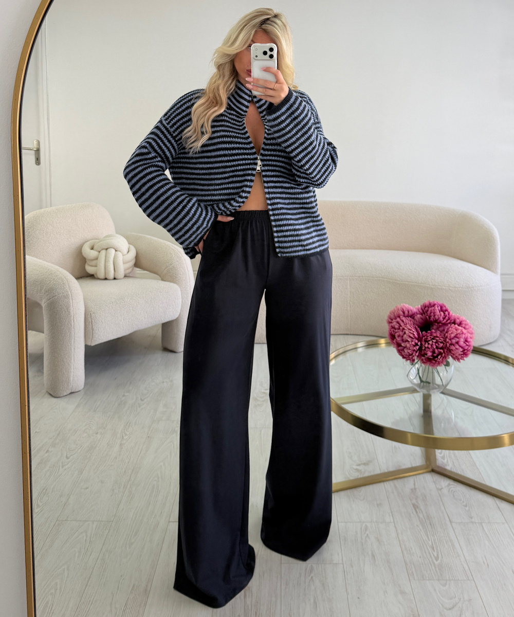 Navy Blue Sailor-Striped Zip-Up Sweater