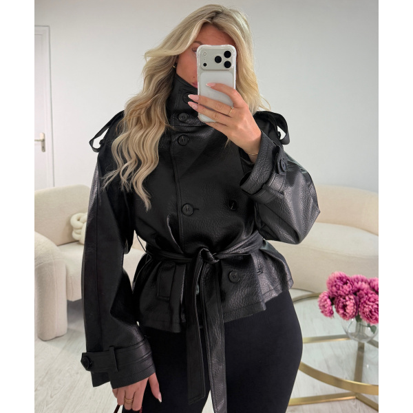 Black Faux Leather Fitted Jacket with Stand-Up Collar - DRESS DESIREE