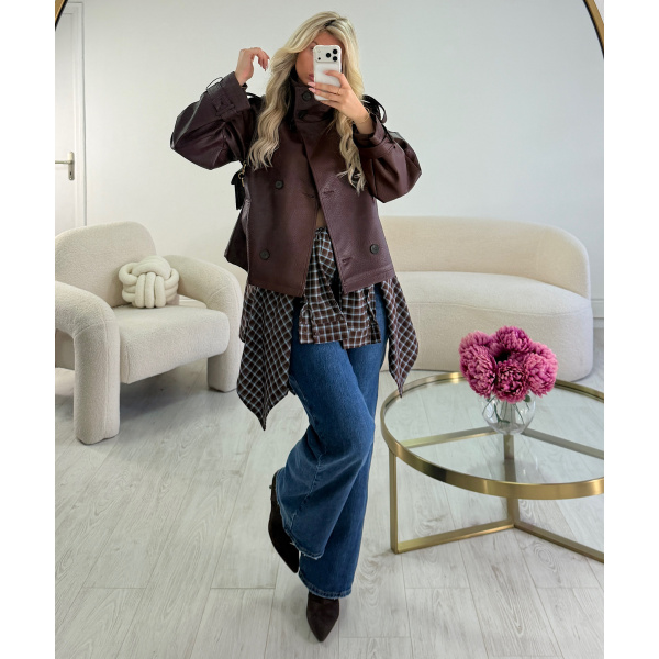 Burgundy Faux Leather Fitted Jacket with Stand-Up Collar - DRESS DESIREE