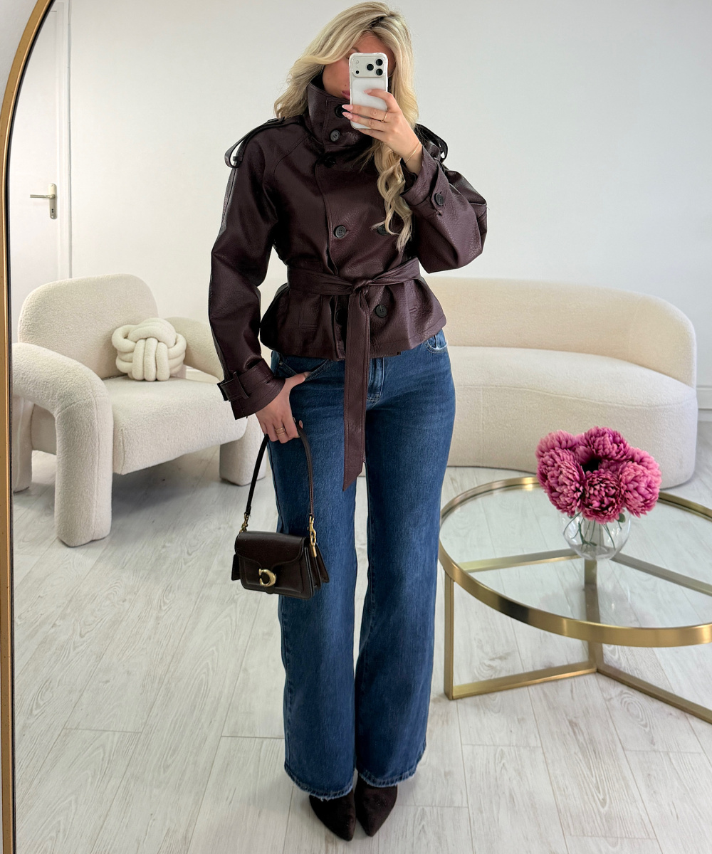 Burgundy Faux Leather Fitted Jacket with Stand-Up Collar - DRESS DESIREE