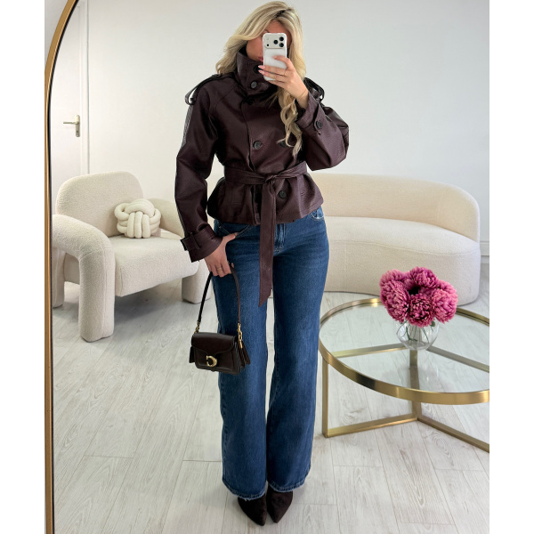 Burgundy Faux Leather Fitted Jacket with Stand-Up Collar - DRESS DESIREE