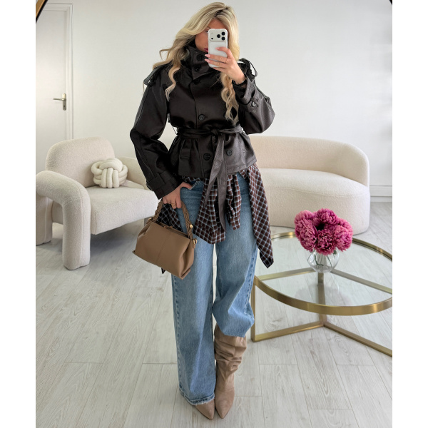 Brown Faux Leather Fitted Jacket with Stand-Up Collar - DRESS DESIREE