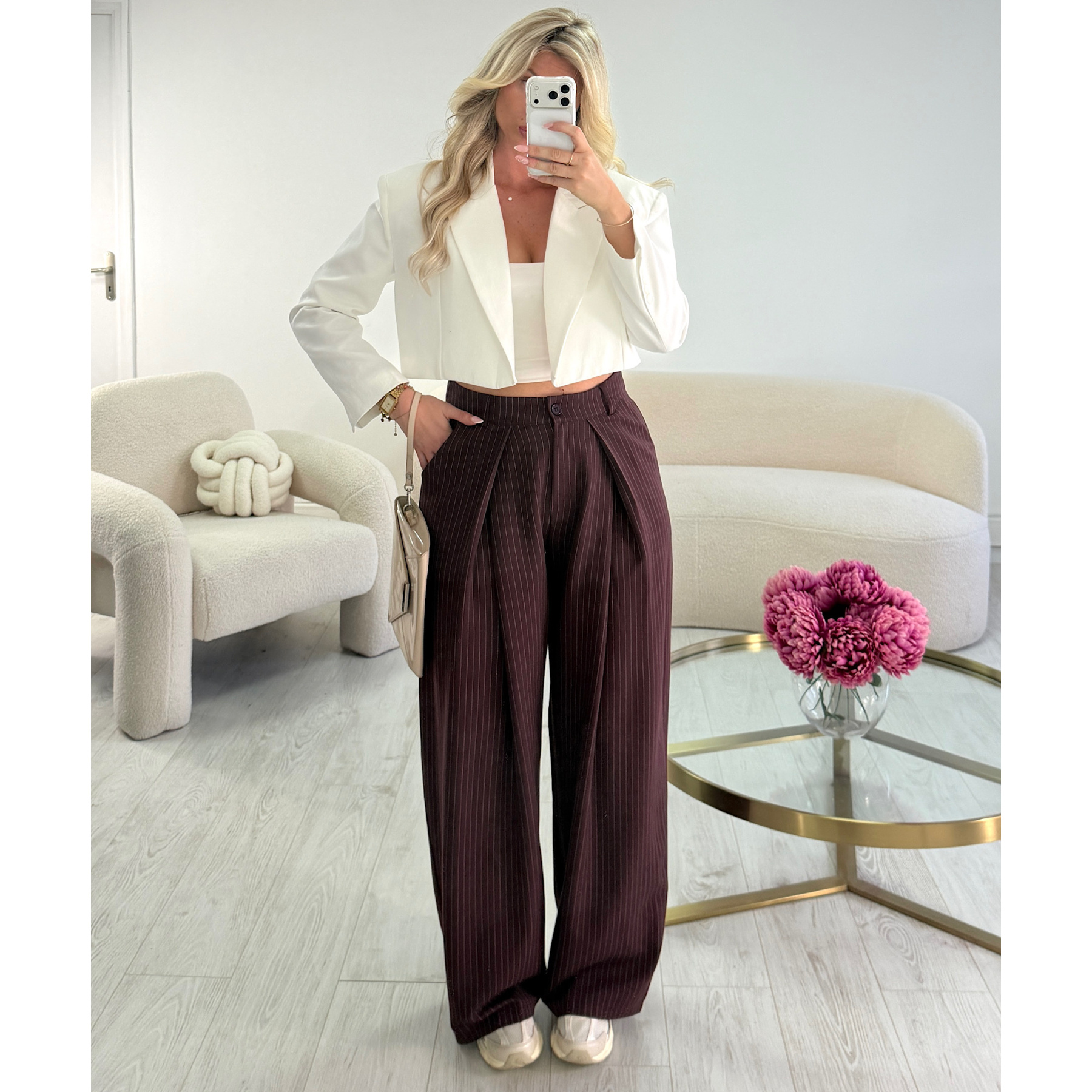 Pantalon barrel standard rayures bordeaux - DRESS DESIREE