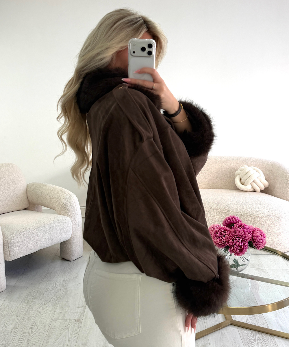 Choco suede bomber jacket with fur