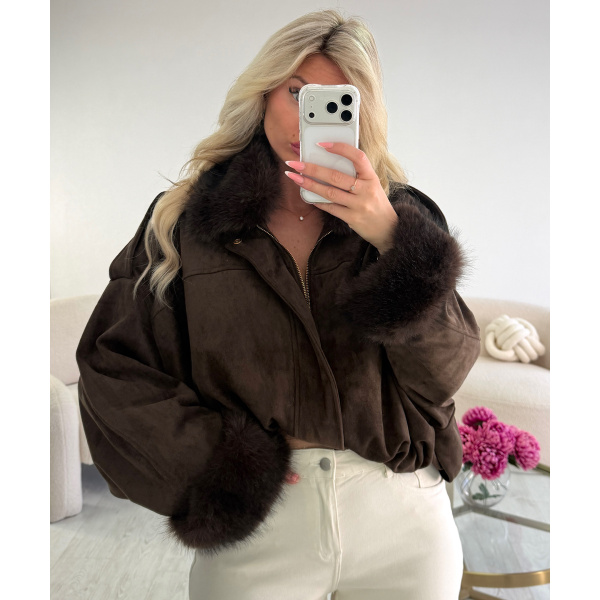 Choco suede bomber jacket with fur