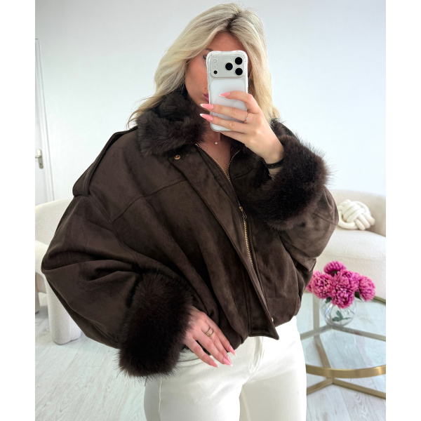 Choco suede bomber jacket with fur