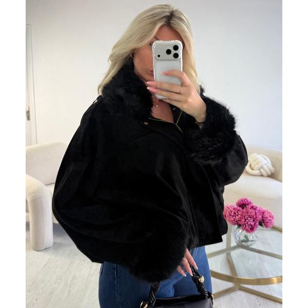 Black suede bomber jacket with fur