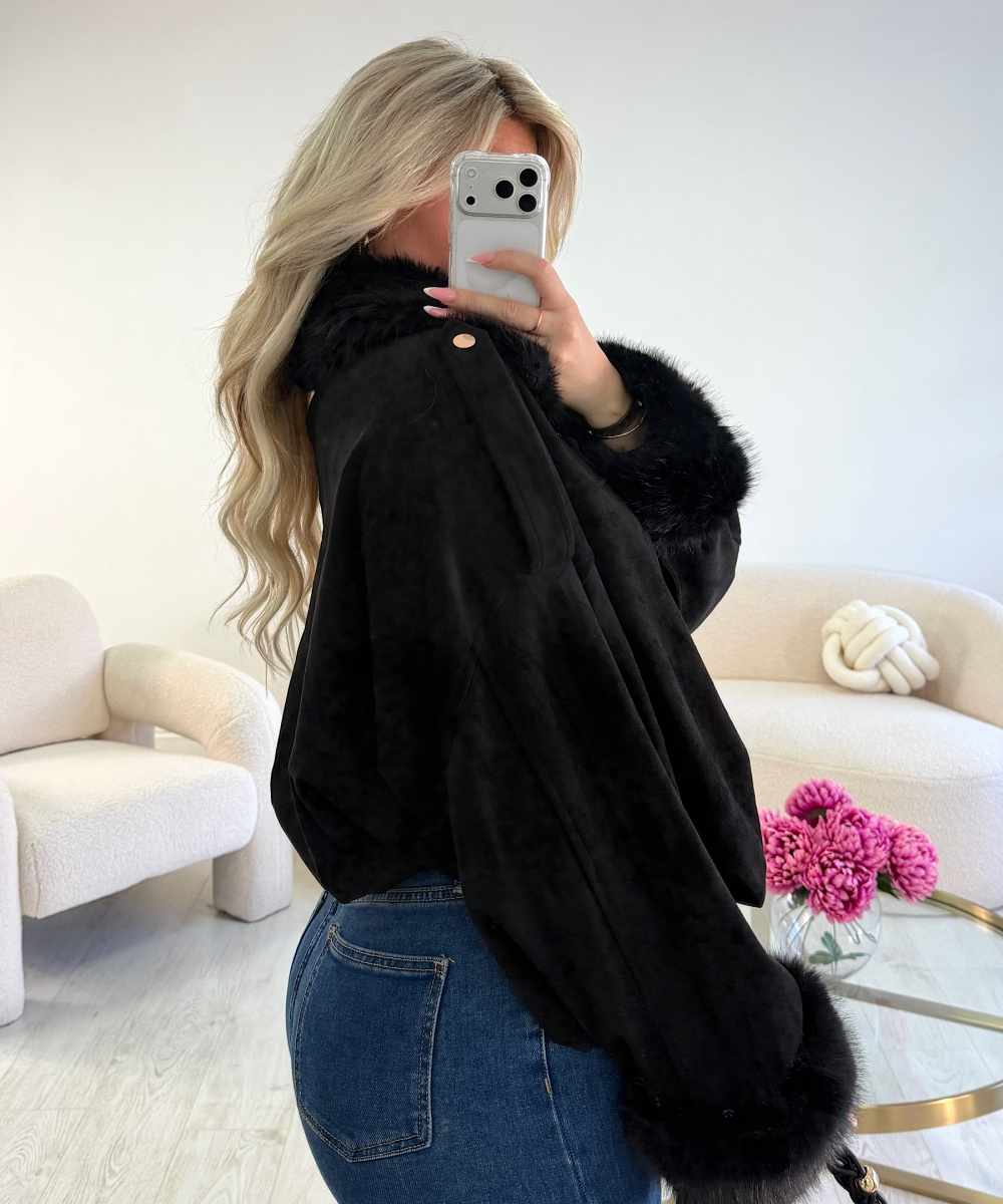 Black suede bomber jacket with fur