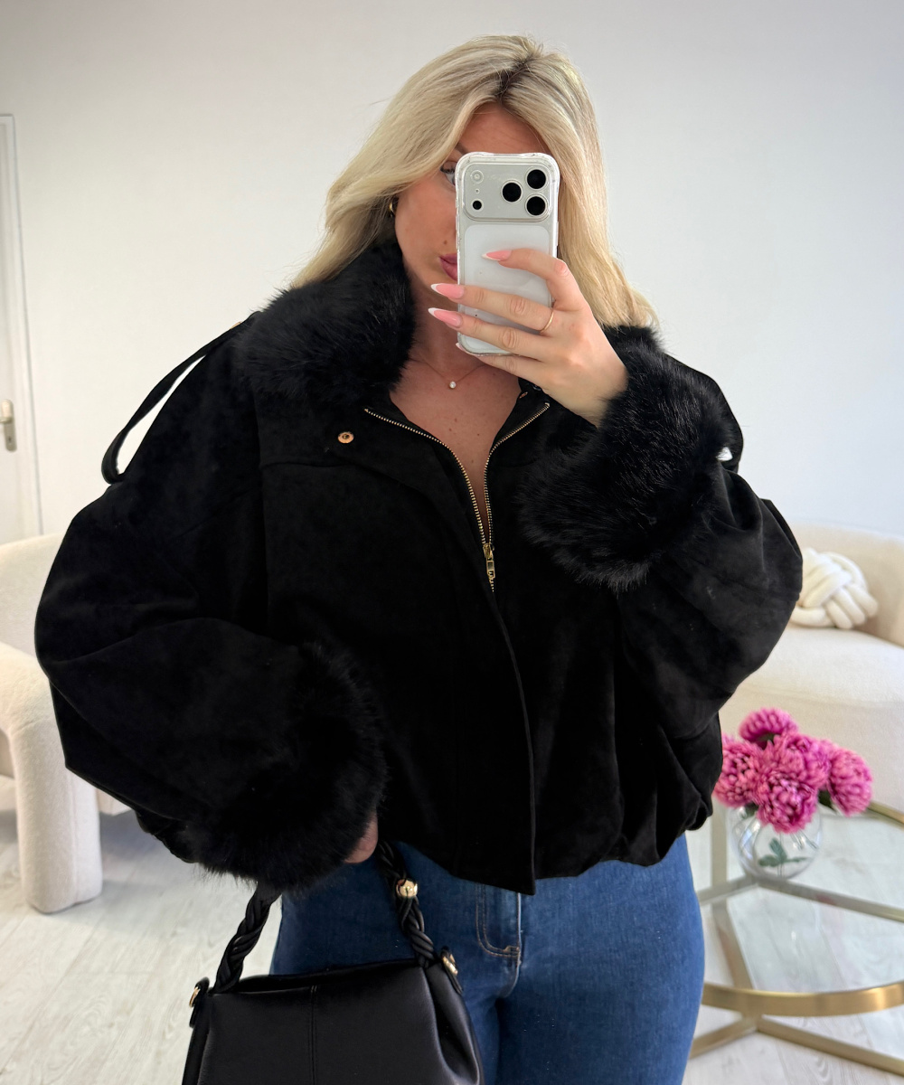 Black suede bomber jacket with fur