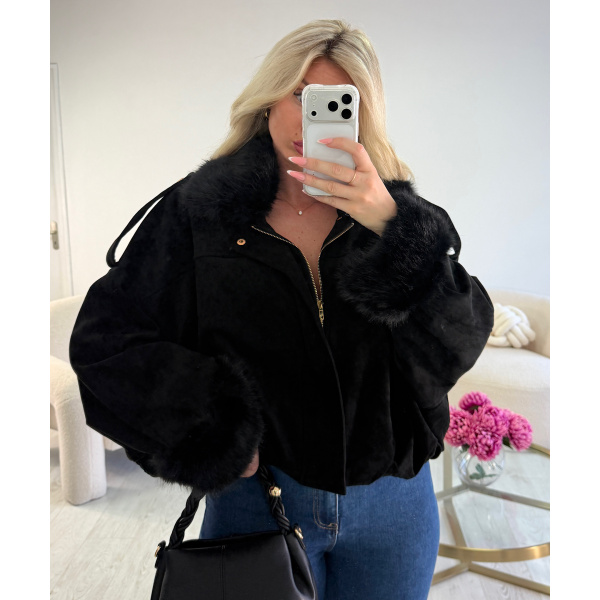 Black suede bomber jacket with fur