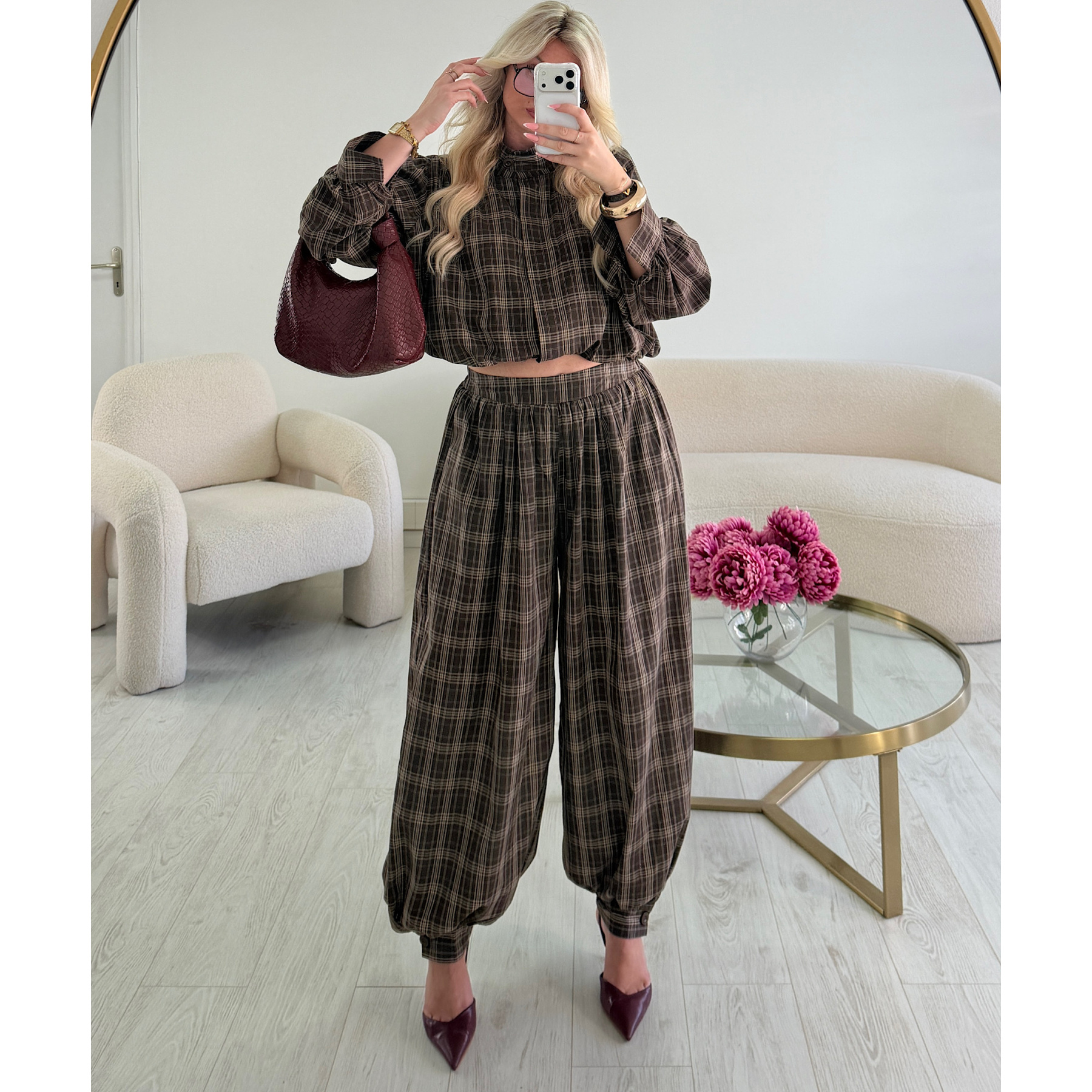 Chocolate check balloon pants set