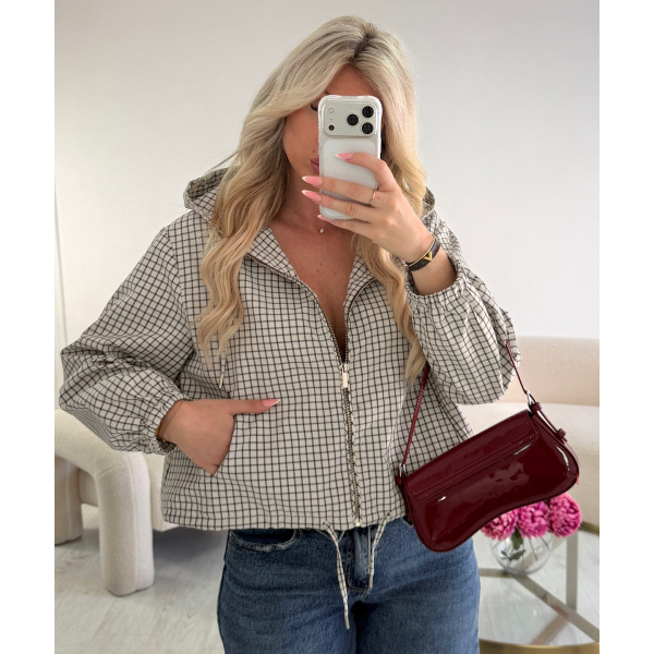 Chocolate and blue plaid bomber jacket