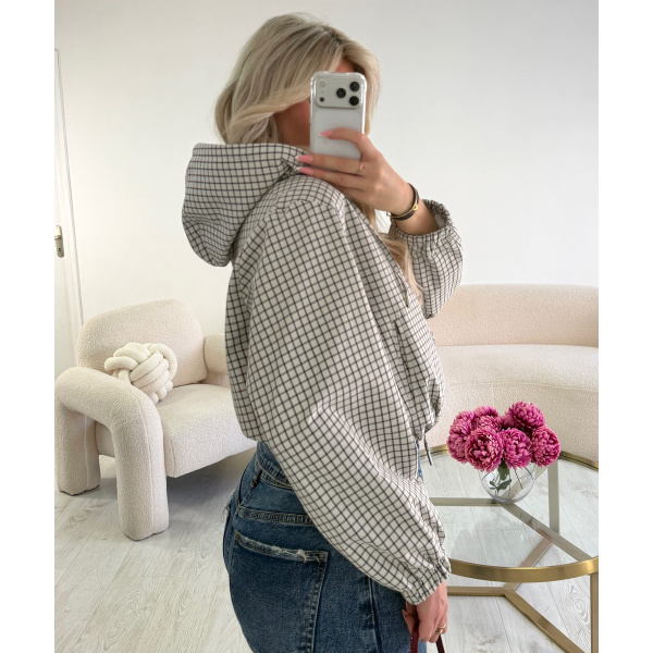 Chocolate and blue plaid bomber jacket