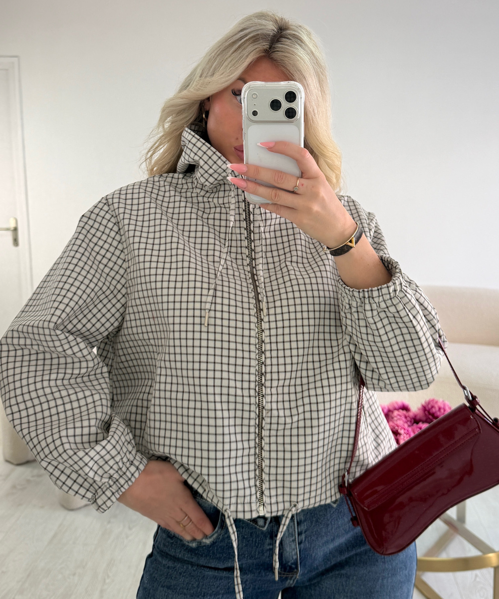 Chocolate and blue plaid bomber jacket