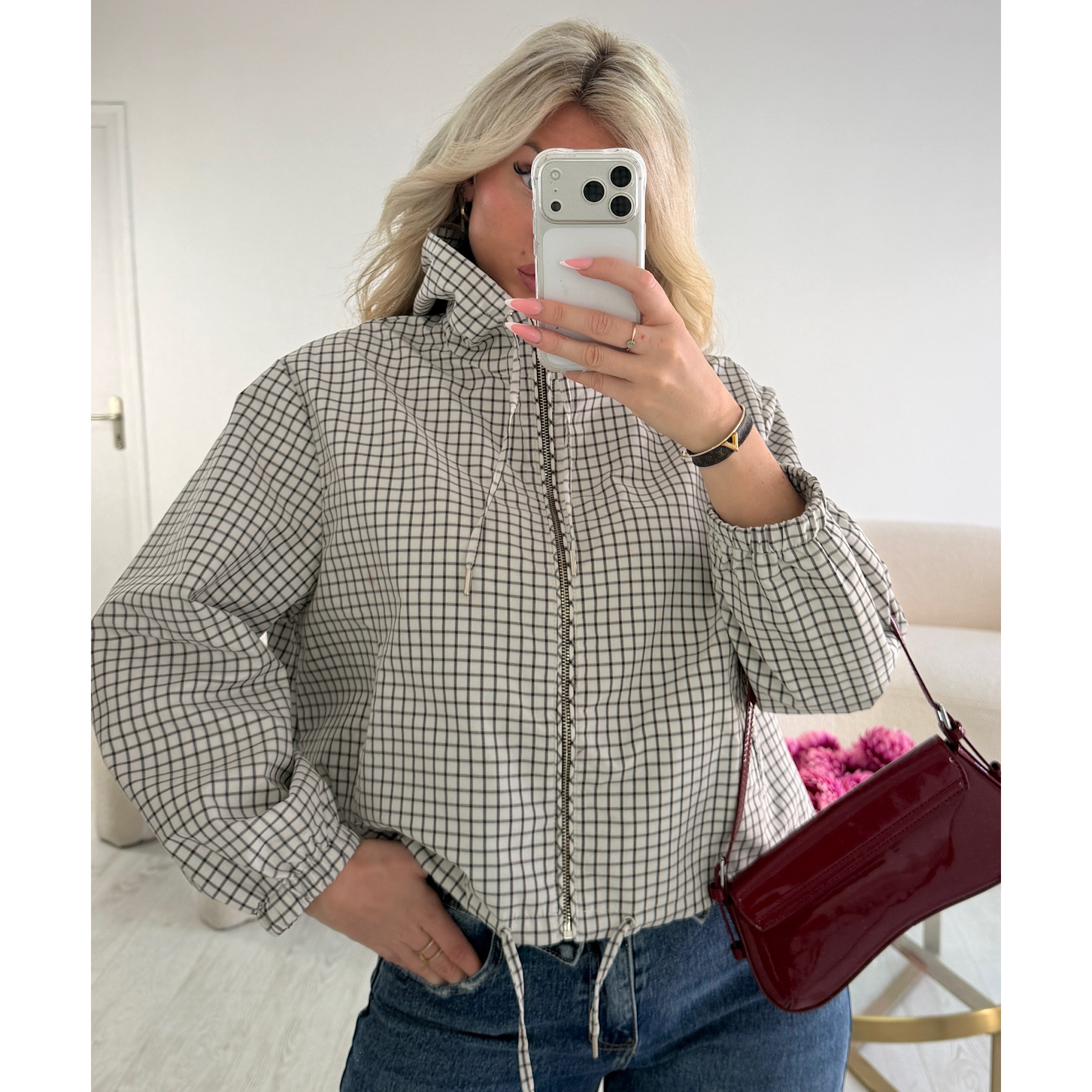 Chocolate and blue plaid bomber jacket