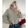 Chocolate and blue plaid bomber jacket