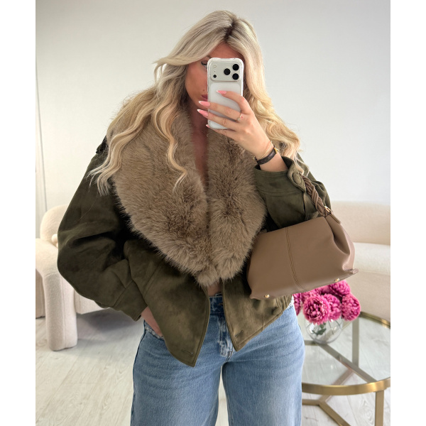 Khaki suede jacket with fur - DRESS DESIREE