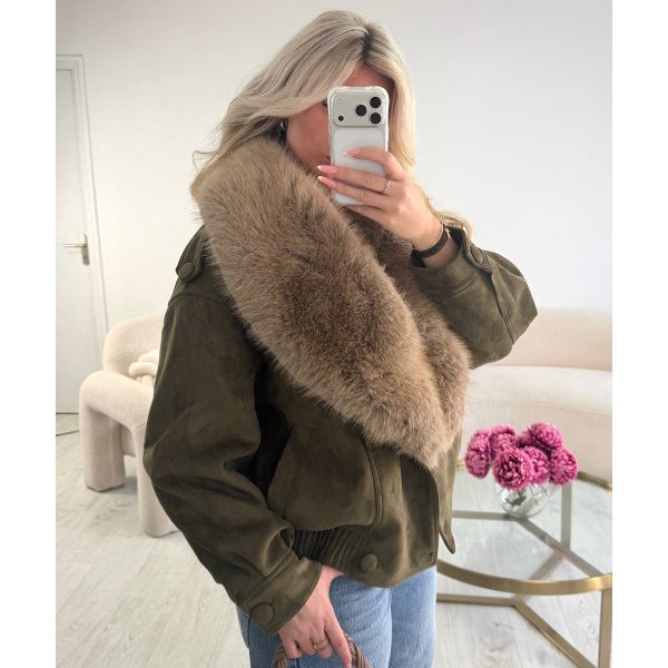 Khaki suede jacket with fur - DRESS DESIREE