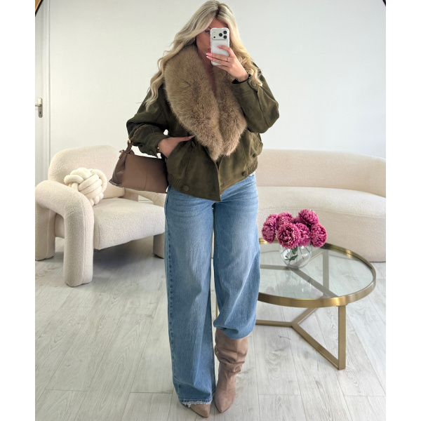 Khaki suede jacket with fur - DRESS DESIREE
