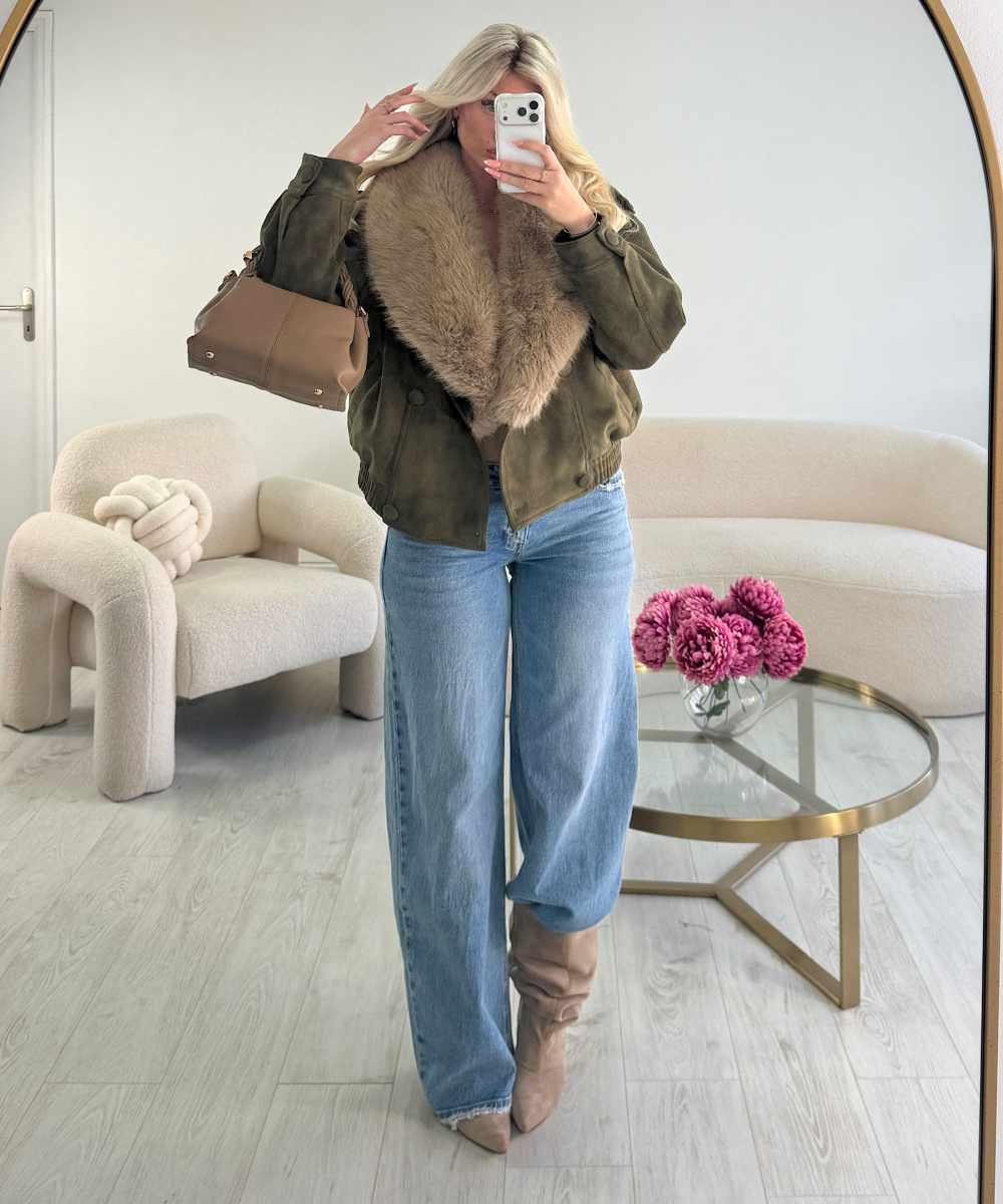 Khaki suede jacket with fur - DRESS DESIREE