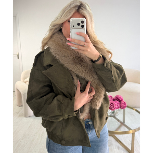 Khaki suede jacket with fur - DRESS DESIREE