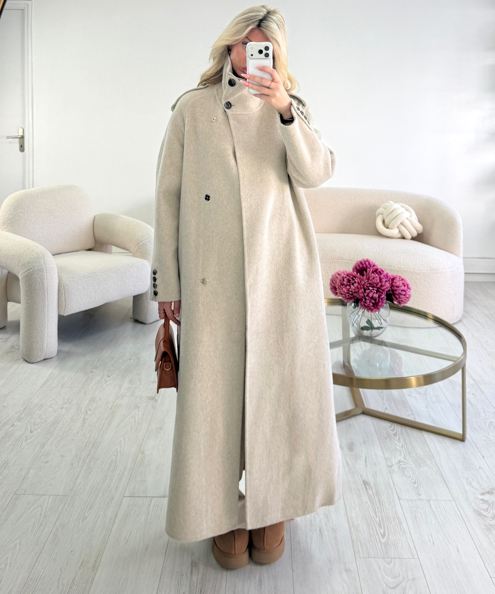 Long, thick beige wool coat
