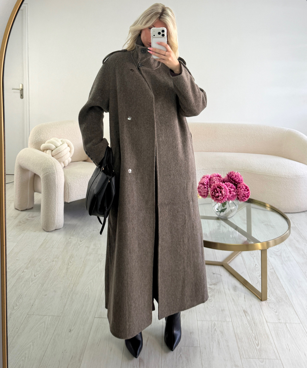 Long, thick taupe wool coat