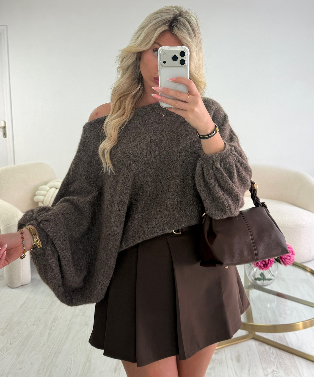 Brown loose balloon-sleeve jumper