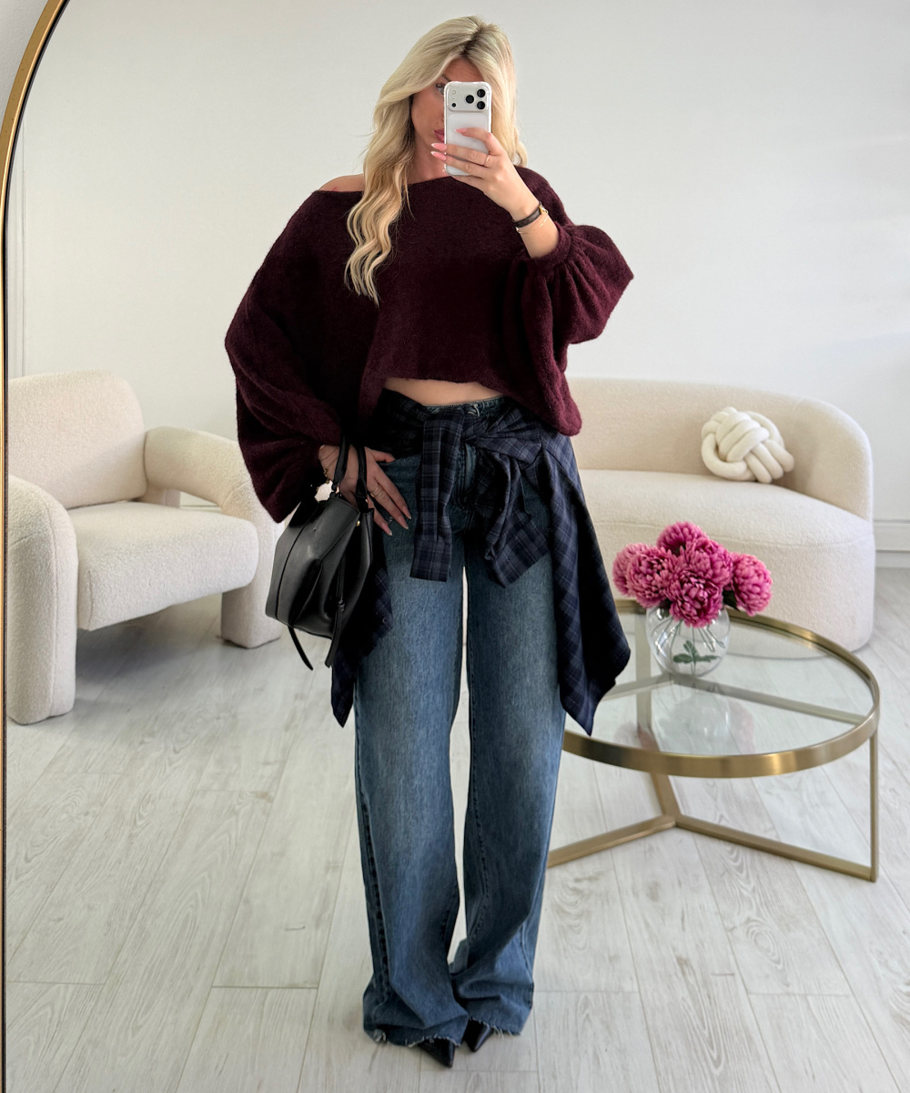 Burgundy loose balloon-sleeve jumper