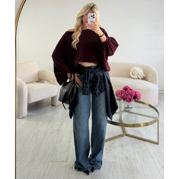 Burgundy loose balloon-sleeve jumper - DRESS DESIREE