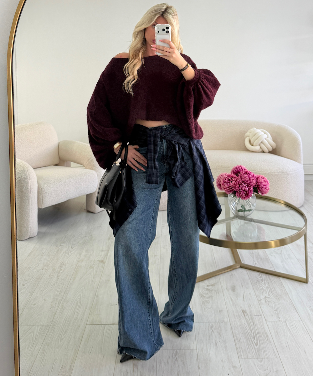 Burgundy loose balloon-sleeve jumper - DRESS DESIREE