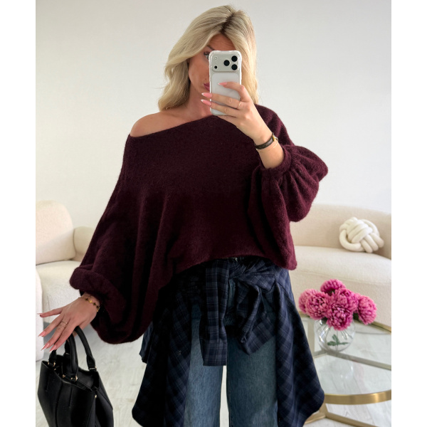 Burgundy loose balloon-sleeve jumper - DRESS DESIREE