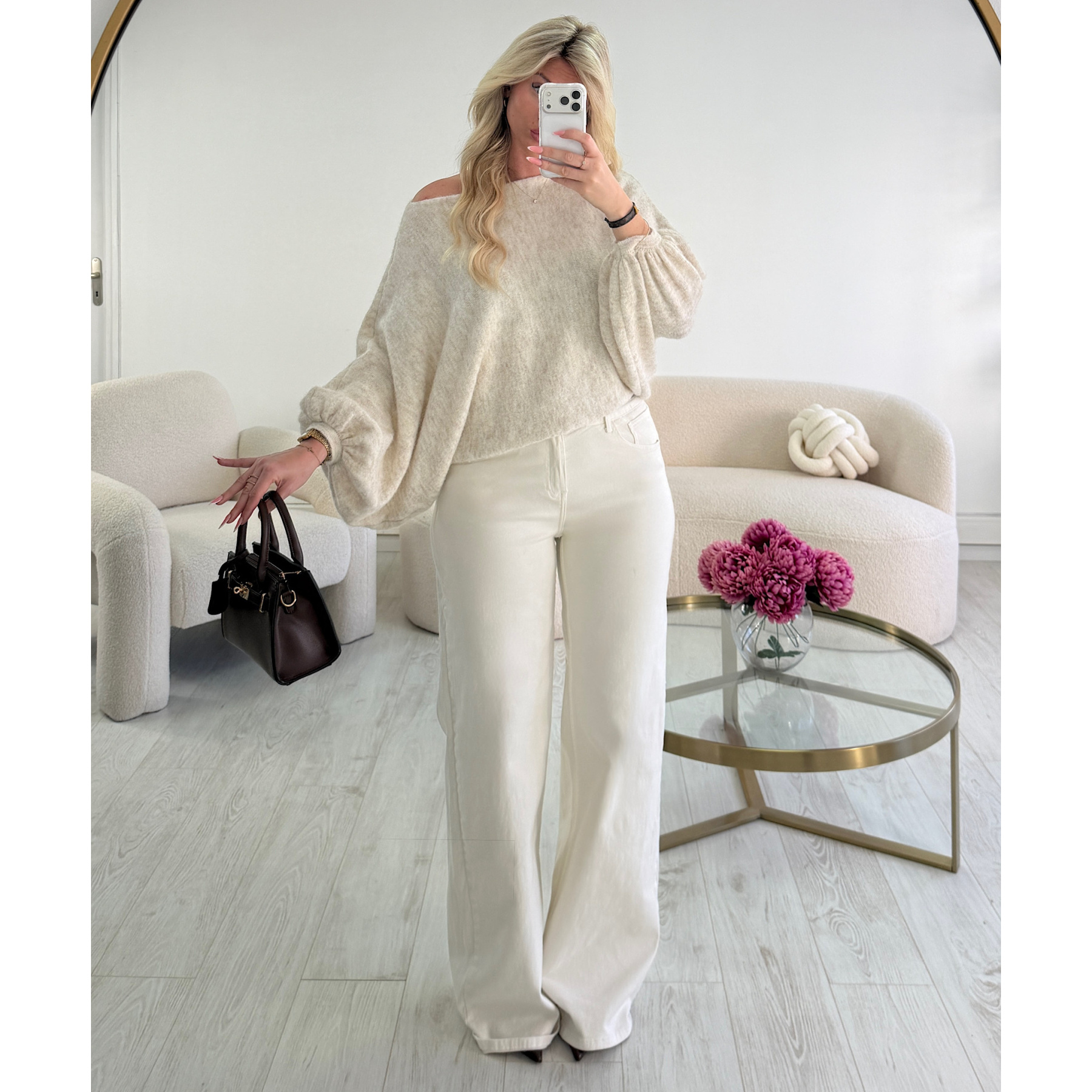 Beige marl loose balloon-sleeve jumper - DRESS DESIREE