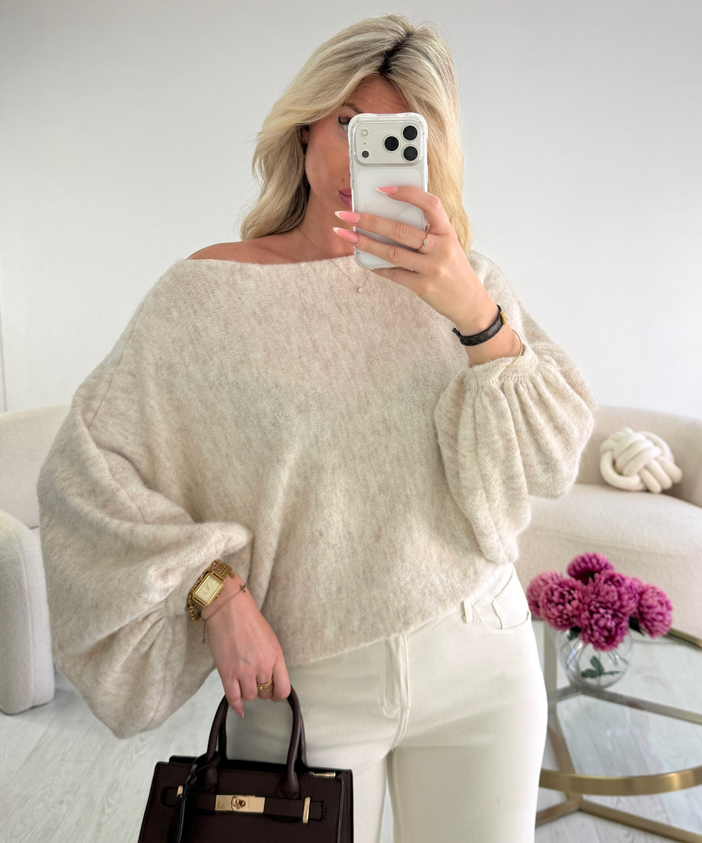 Pull loose ballon beige chiné