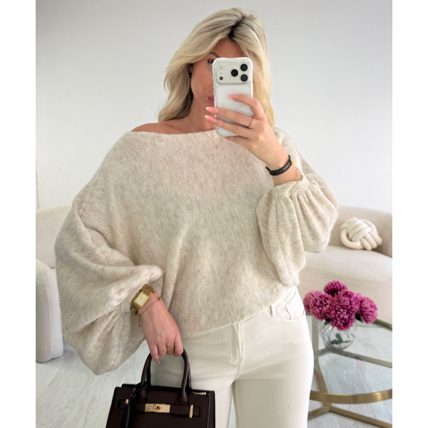 Beige marl loose balloon-sleeve jumper - DRESS DESIREE